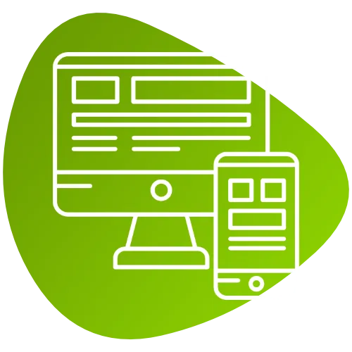 Apotheken 1 Ein Blob mit einem Icon, das eine Website auf einem PC und einem Telefon zeigt. Die Website ist responsiv und deshalb auf beiden Geräten bedienbar.