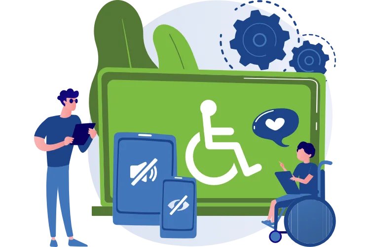 Barrierefreie Website Eine Illustration einer Barrierefreien Website, die von einer eingeschränkten Person überprüft wird.