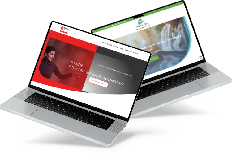 Webdesign aus Vorarlberg 2 Laptops mit unterschiedlichen Webseiten, dessen Webdesign aus Vorarlberg kommt.