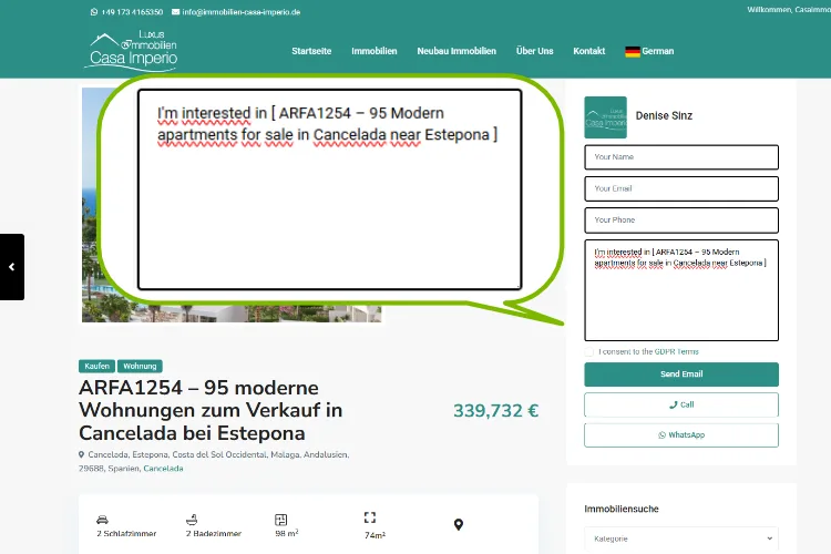 Inserat-direkt-kontakt Kontaktformular mit einem "interessiert an" Text.