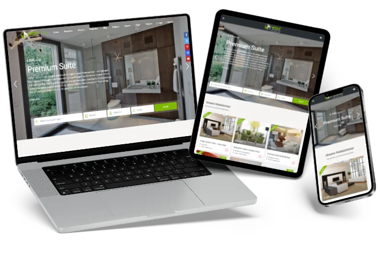 Hotel-Website_Vorschau Eine Vorschau einer Hotel Website auf 3 Geräten.
