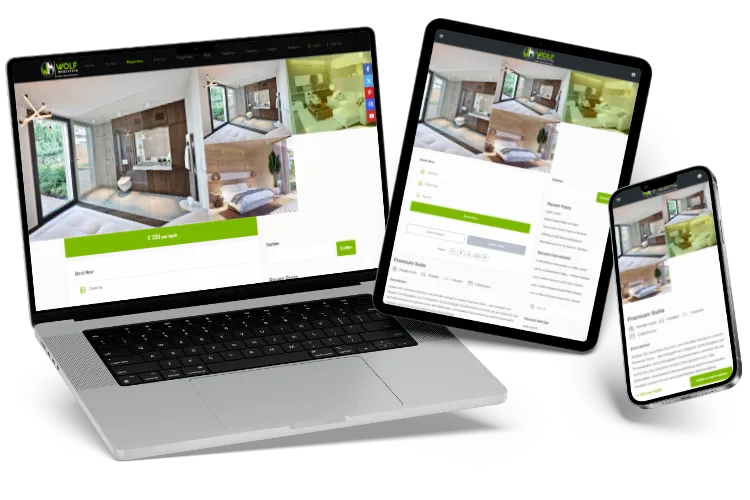 Hotel-Website_Zimmer-Vorschau Eine Vorschau der Zimmer auf einer Hotel Website auf 3 Geräten.